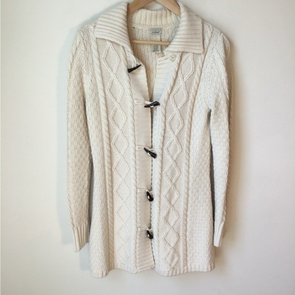 L.L. Bean Cream Wool Blend Long Cable-Knit Toggle Cardigan - Picture 2 of 5